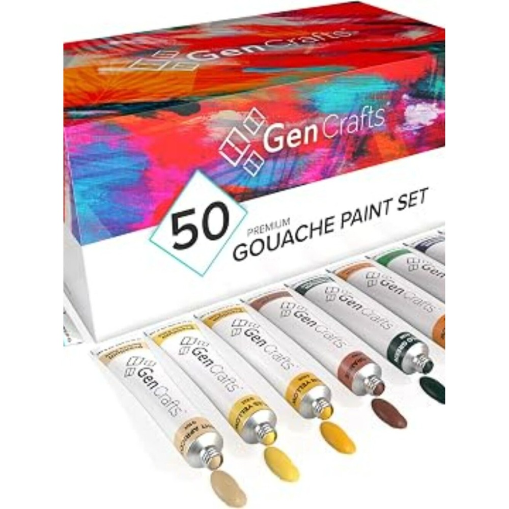 GenCrafts Gouache Paint Set 50 Premium Vibrant Colors Tubes 12 ml / 0.406 oz